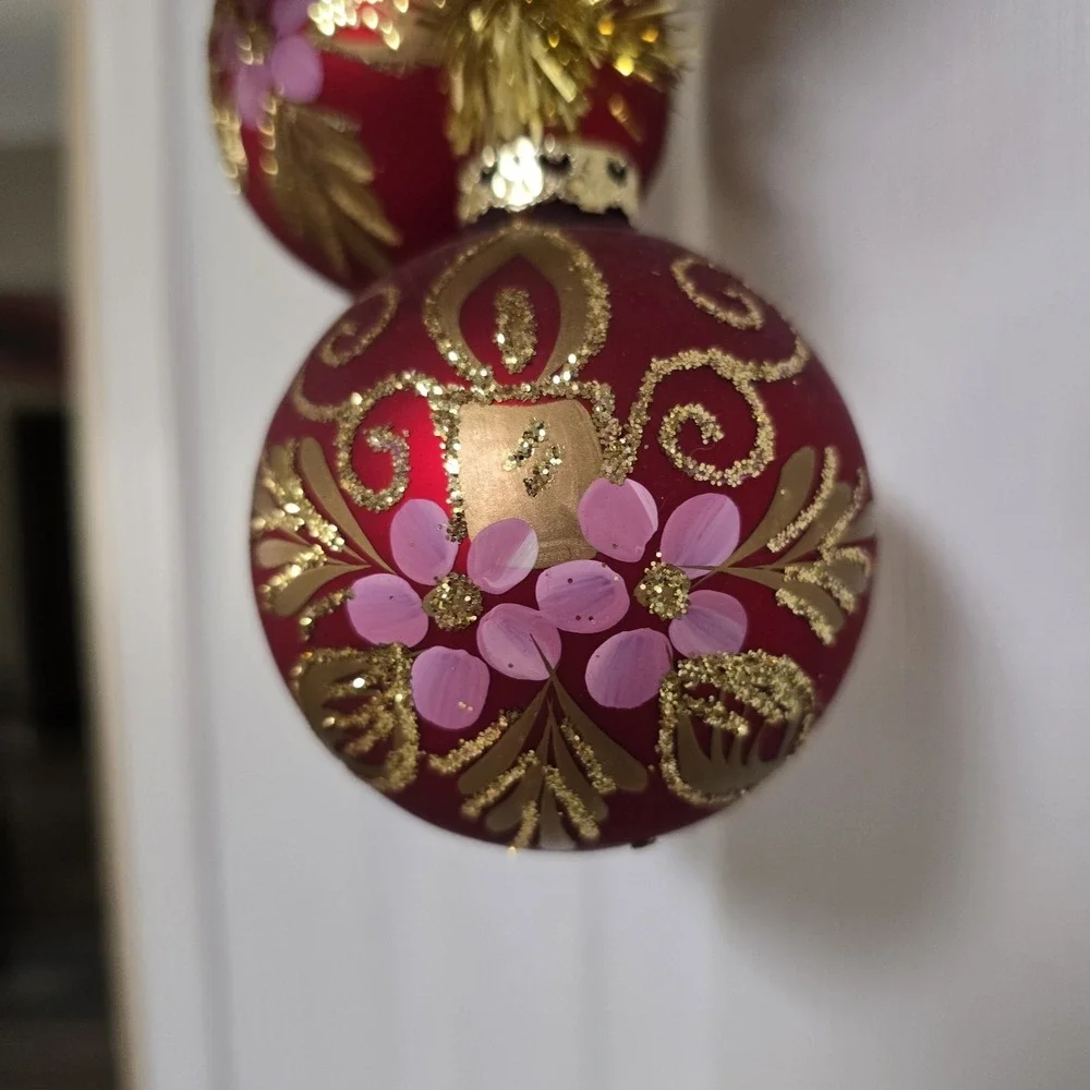Vintage Hand Painted German Glass Christmas‎ Ornaments Set 5 Red Gold Boxed